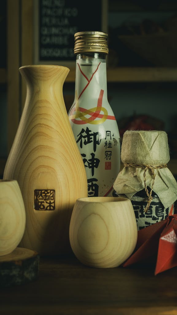 Traditional Japanese sake vessels and bottles on wooden table. Perfect for cultural and culinary themes.