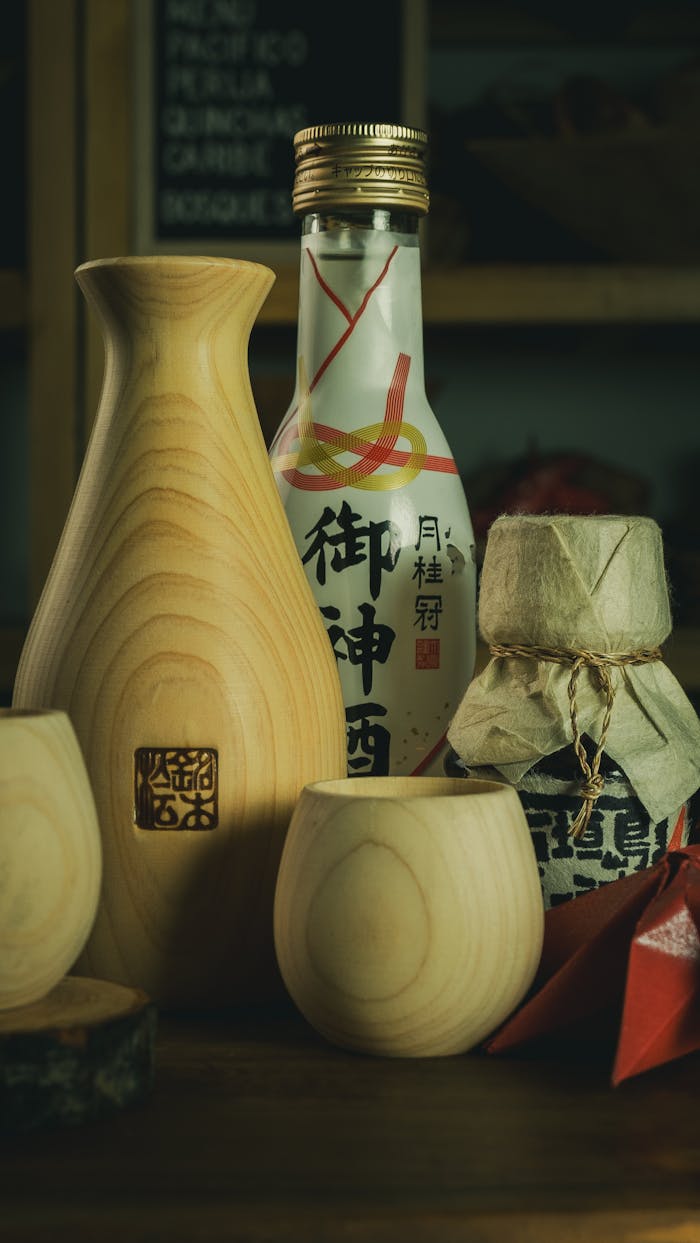 Traditional Japanese sake vessels and bottles on wooden table. Perfect for cultural and culinary themes.